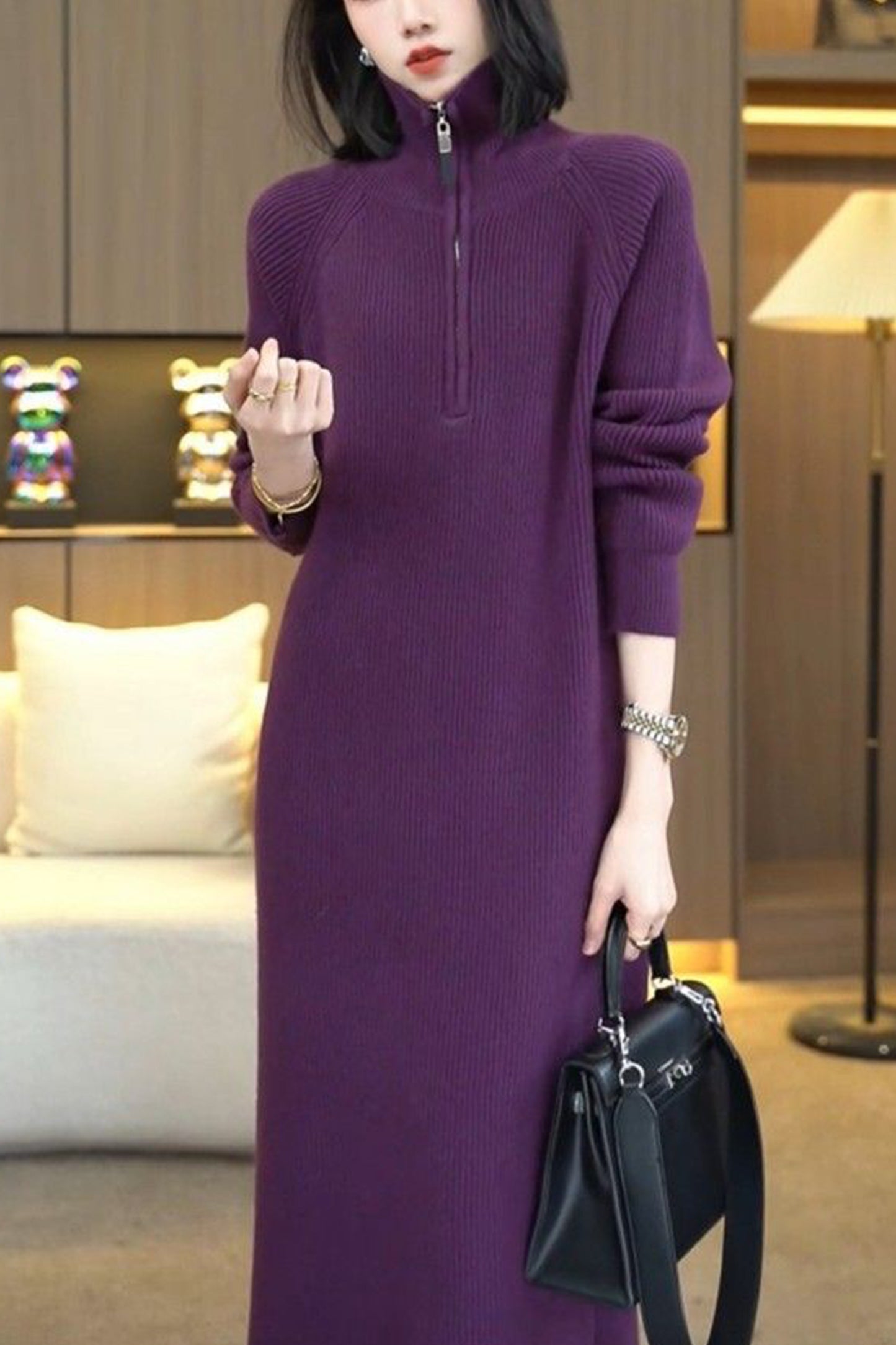 Women's Knit Long Sleeve Quarter Zip Sweater Maxi Dress