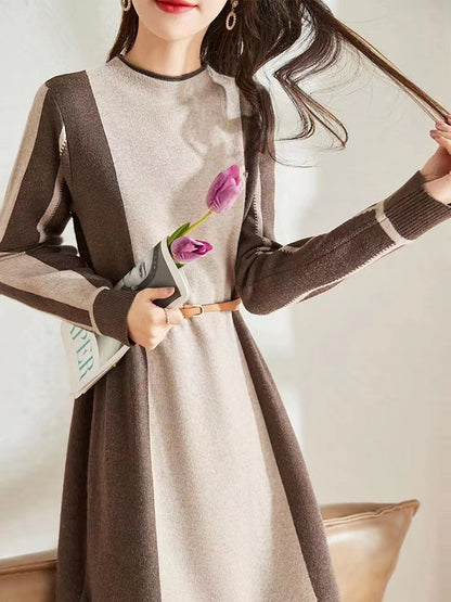 Women's Long Sleeve Sweater Knit Color Block Dress