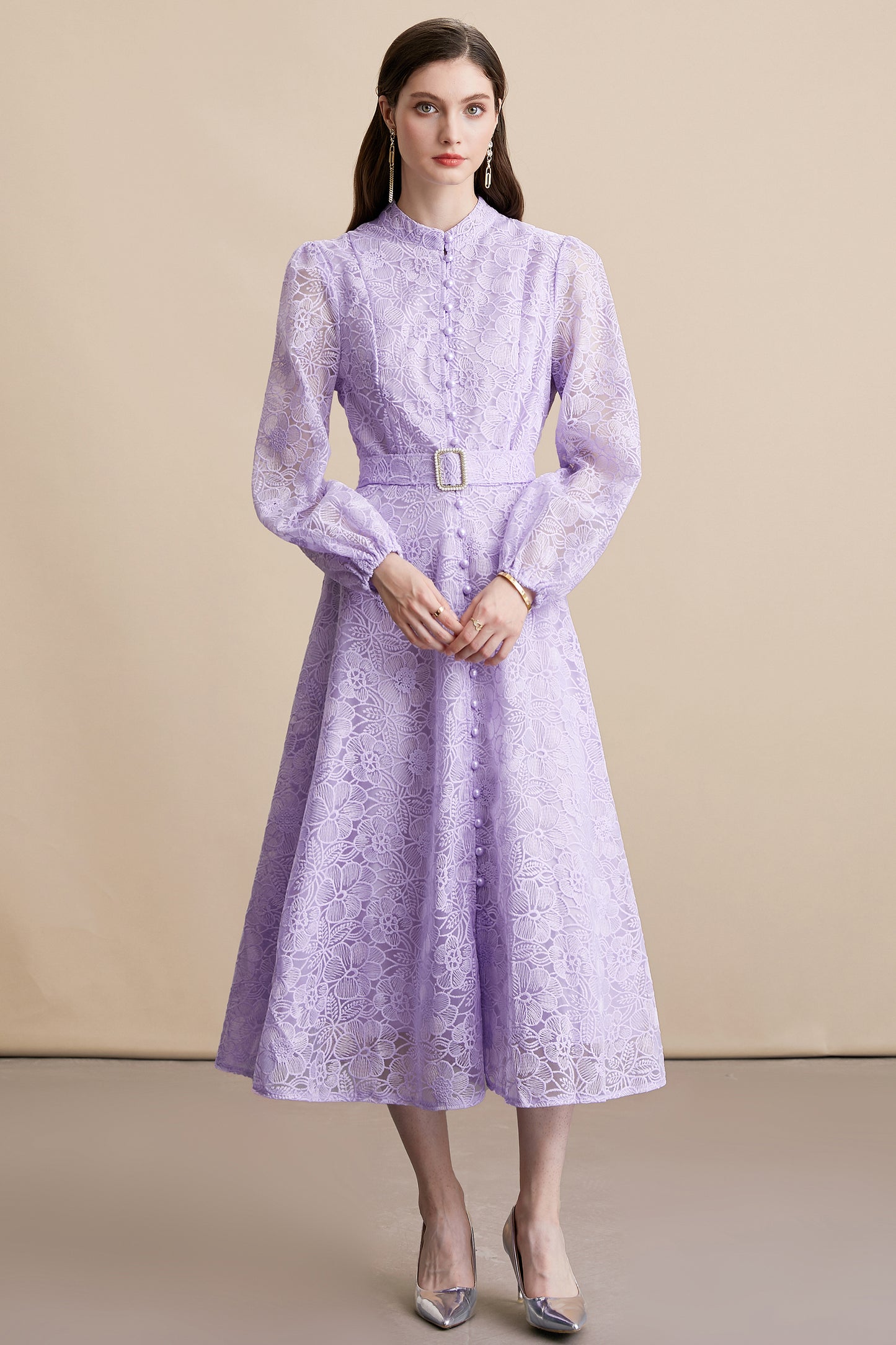 Women's Lace Stand Collar Puff Sleeve Midi Dress