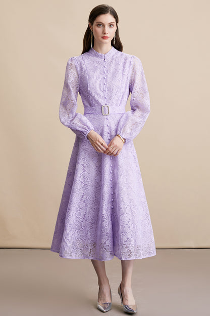 Women's Lace Stand Collar Puff Sleeve Midi Dress