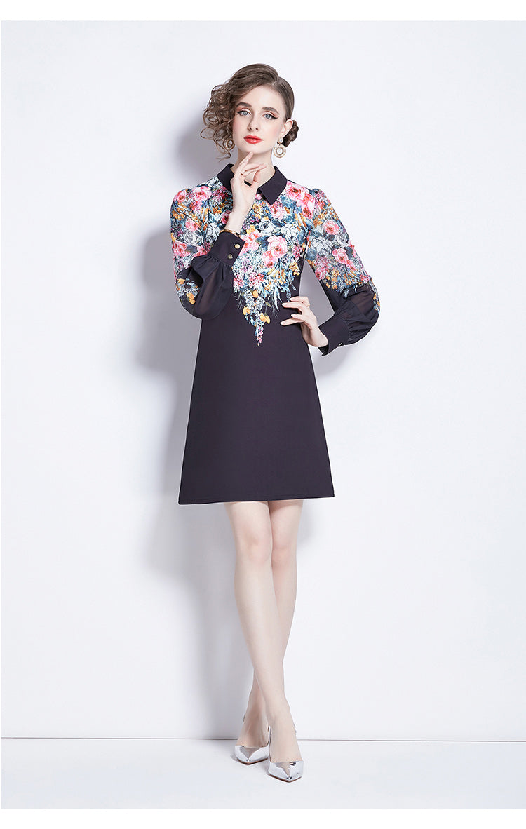 SSY-Women's Floral Chiffon Long Sleeve Mini Dress