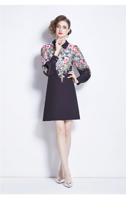 SSY-Women's Floral Chiffon Long Sleeve Mini Dress