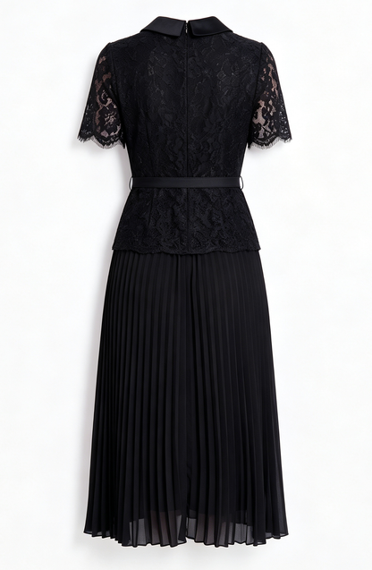 Lace Pleated Midi Dress | Elegant Fake Two-Piece Collared Dress