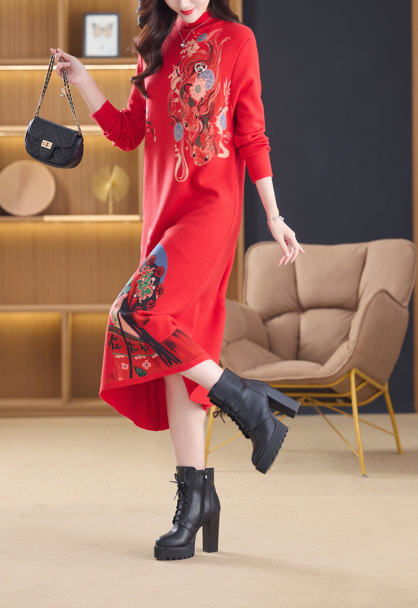 Women's Turtleneck Sweater Long Sleeve Red Dress