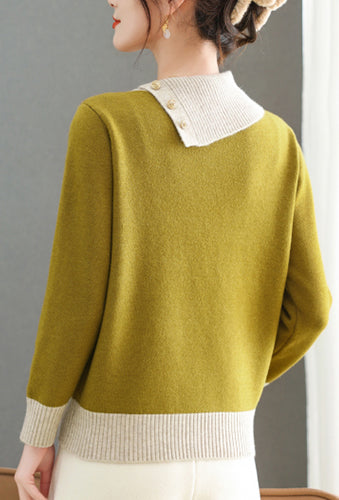 Chic Color-Block Knit Sweater – Asymmetric Neck Pullover Tops