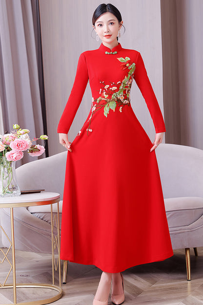 Women's Classic Embroidered Cheongsam Maxi Dress