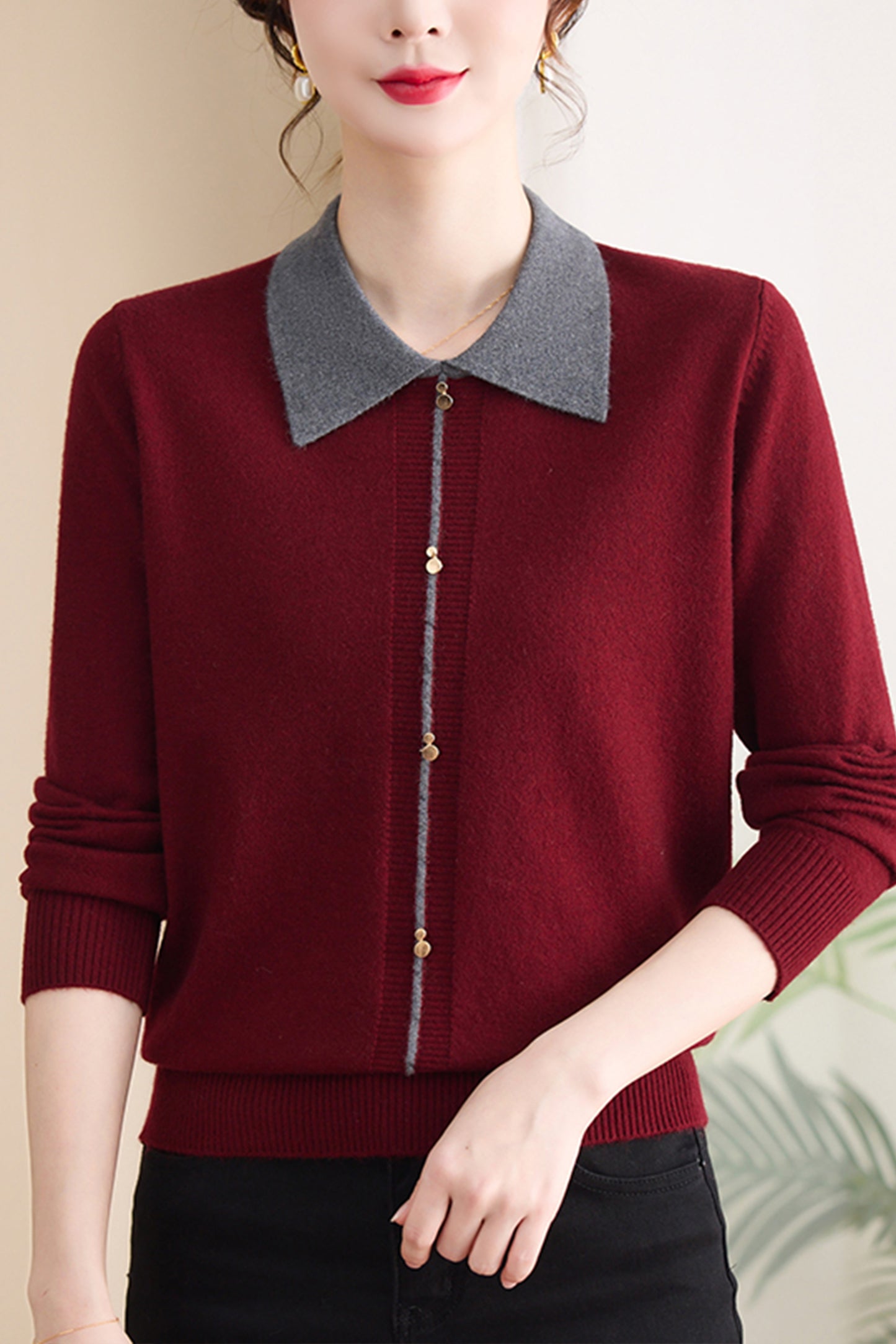 Women's Contrast Collar Cropped Sweater Shirt
