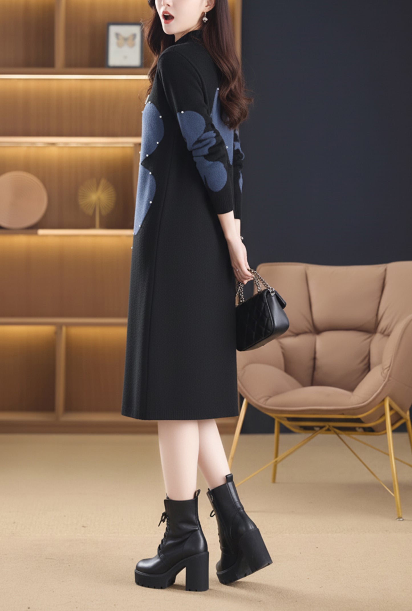 Women's Fashion Print Knit Pullover Sweater Midi Dress