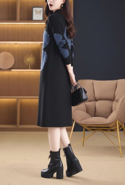 Women's Fashion Print Knit Pullover Sweater Midi Dress