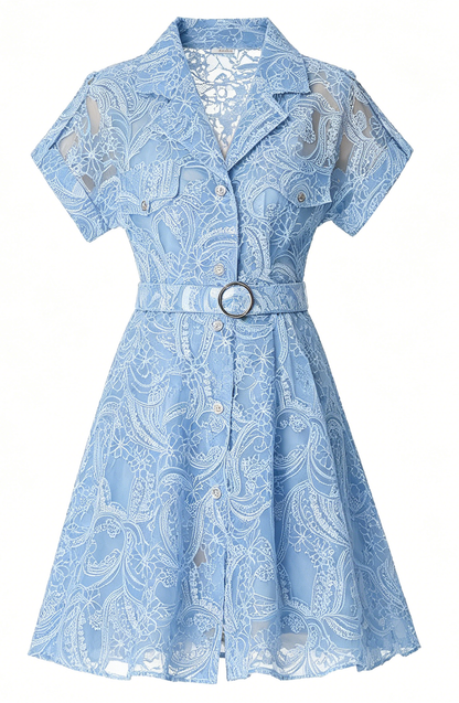 Sky Blue Lace Shirt Mini Dress | Summer Backyard Party Style