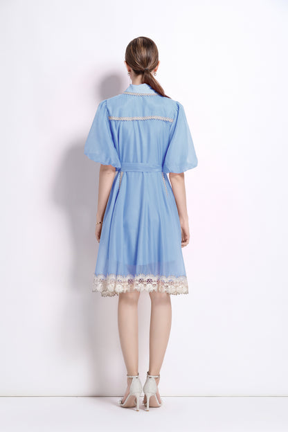 Blue Chiffon Button Up Lace Dress