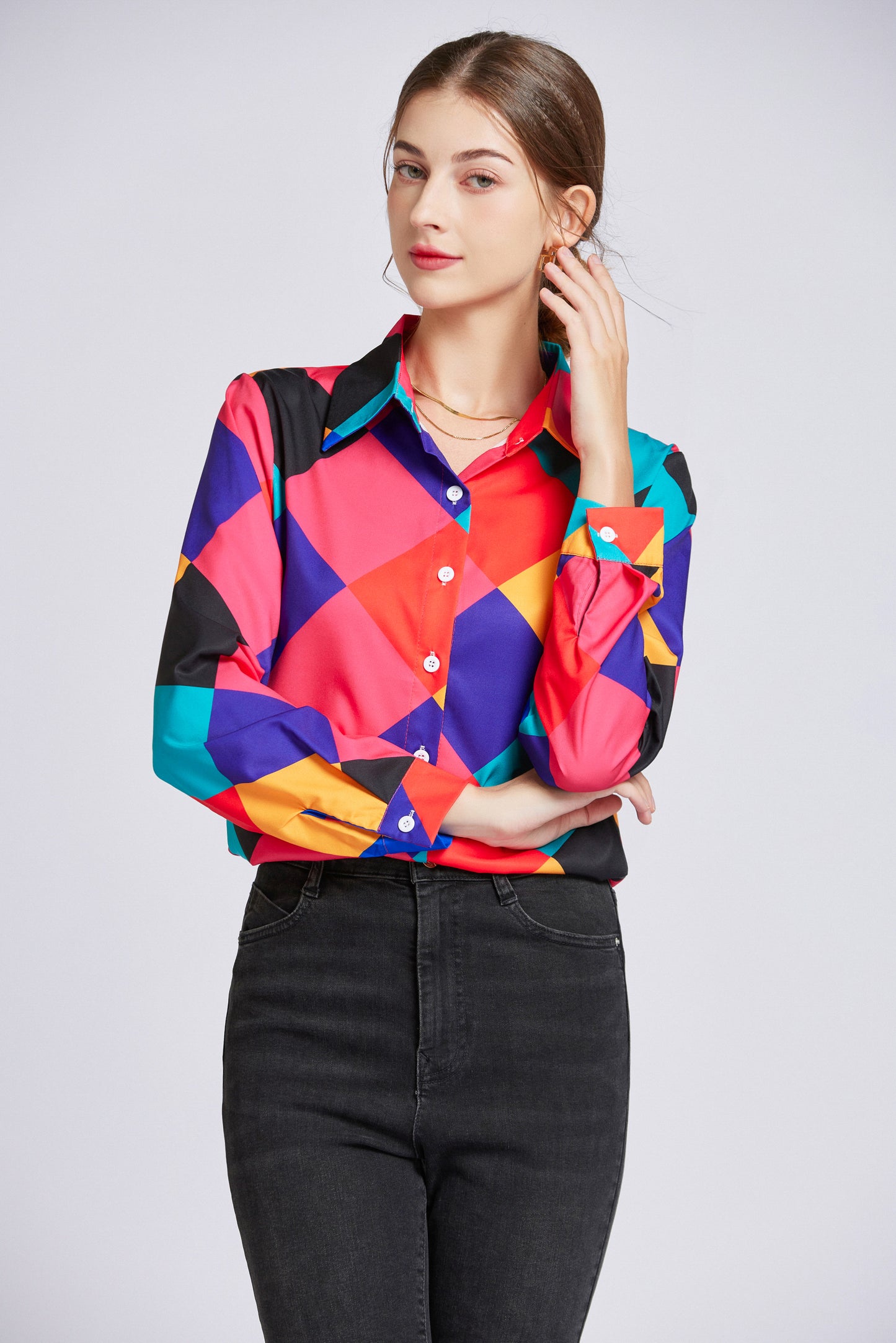 ESY-Women's Shirt Print Long Sleeve Button Blouse