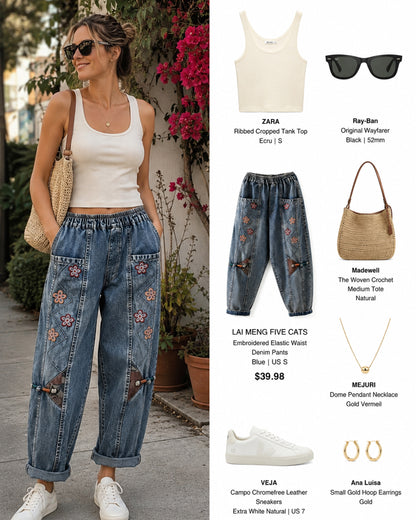 LAI MENG FIVE CATS Embroidered Elastic Waist Denim Pants – Summer Comfort
