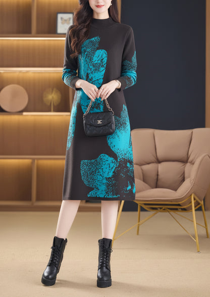 Women's Fashion Print Knit Pullover Sweater Midi Dress
