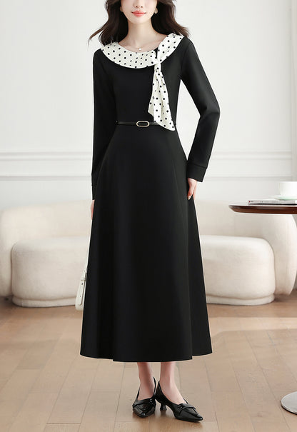 28696 Polka Dot Collar Black Maxi Dress – Elegant Holiday & Dinner Style