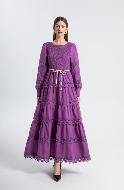 Women's Smocked Solid Color Lace Cutout Long Sleeve Maxi Dress