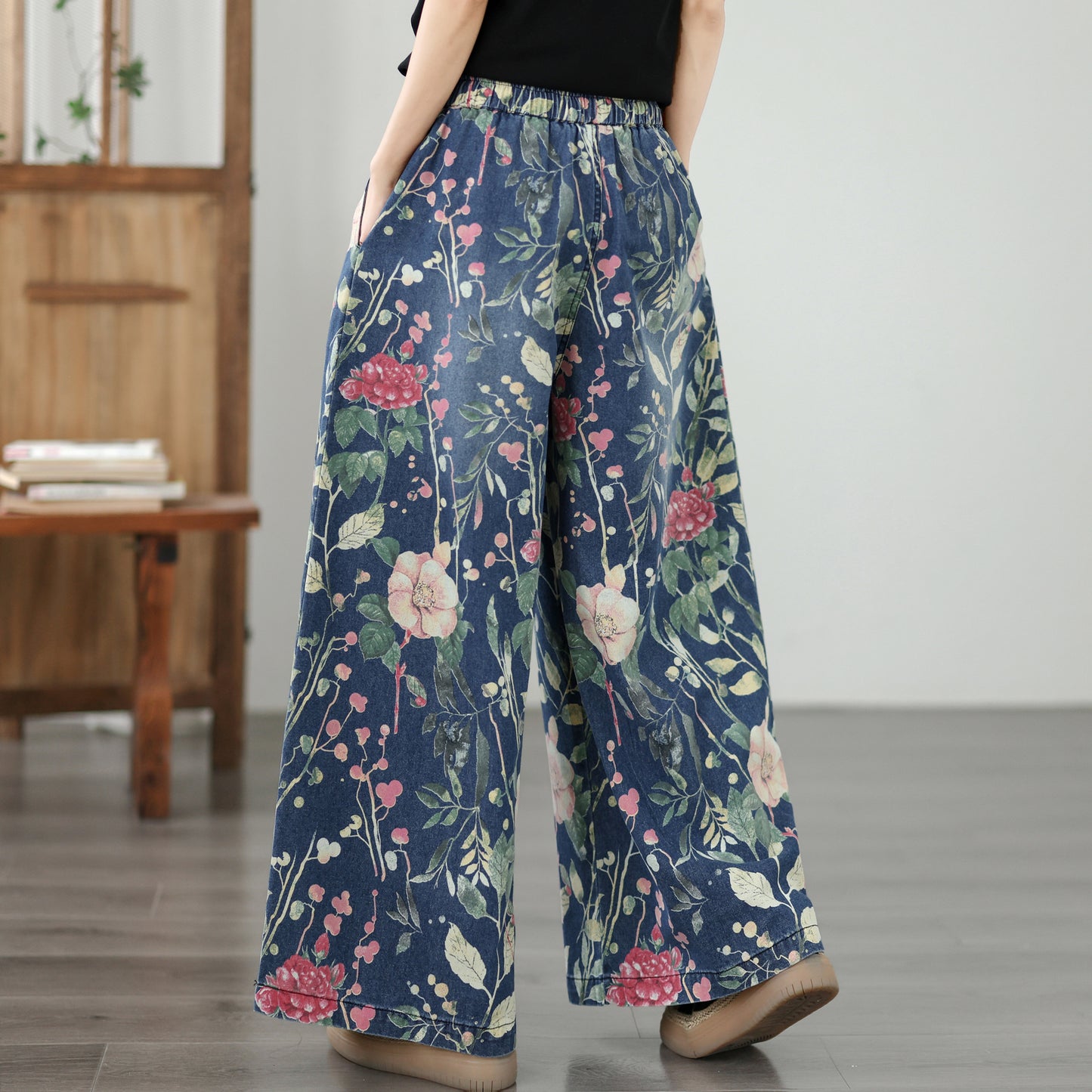 Women's Wide Leg Jeans Baggy Floral Wasited Elastic Pants - LAI MENG FIVE CATS