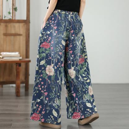 Women's Wide Leg Jeans Baggy Floral Wasited Elastic Pants - LAI MENG FIVE CATS