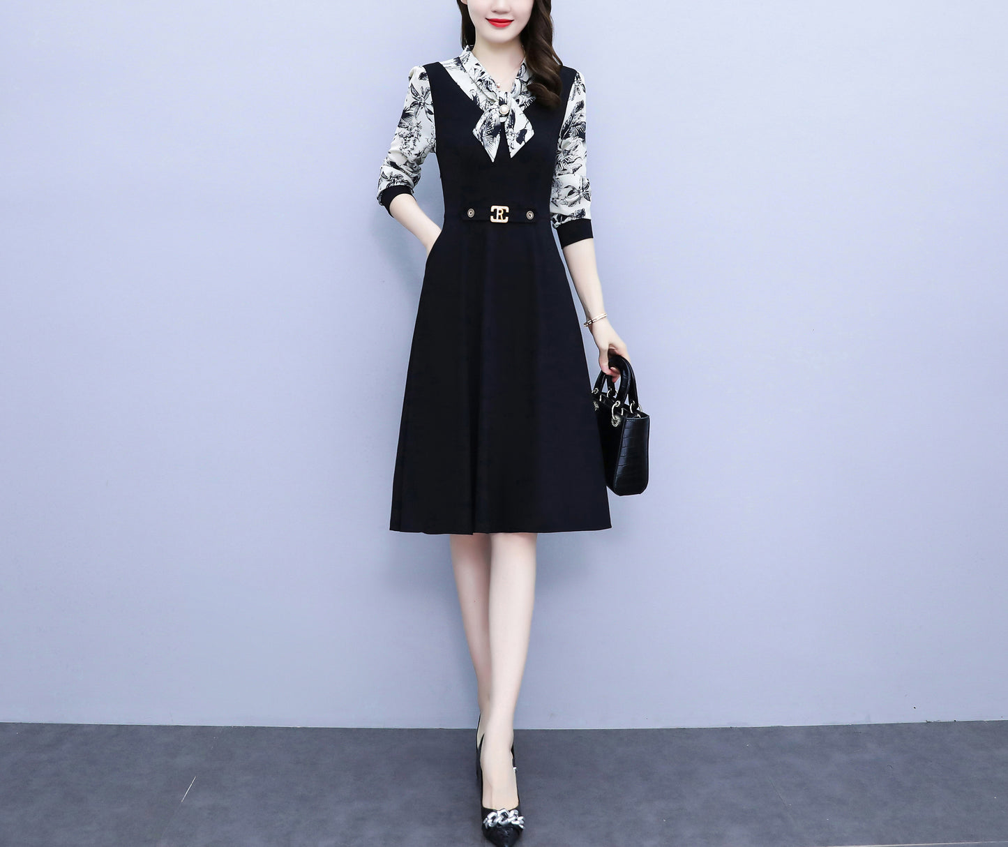 Women's Elegant Tie Neck Long Sleeve Black Dress - LAI MENG FIVE CATS
