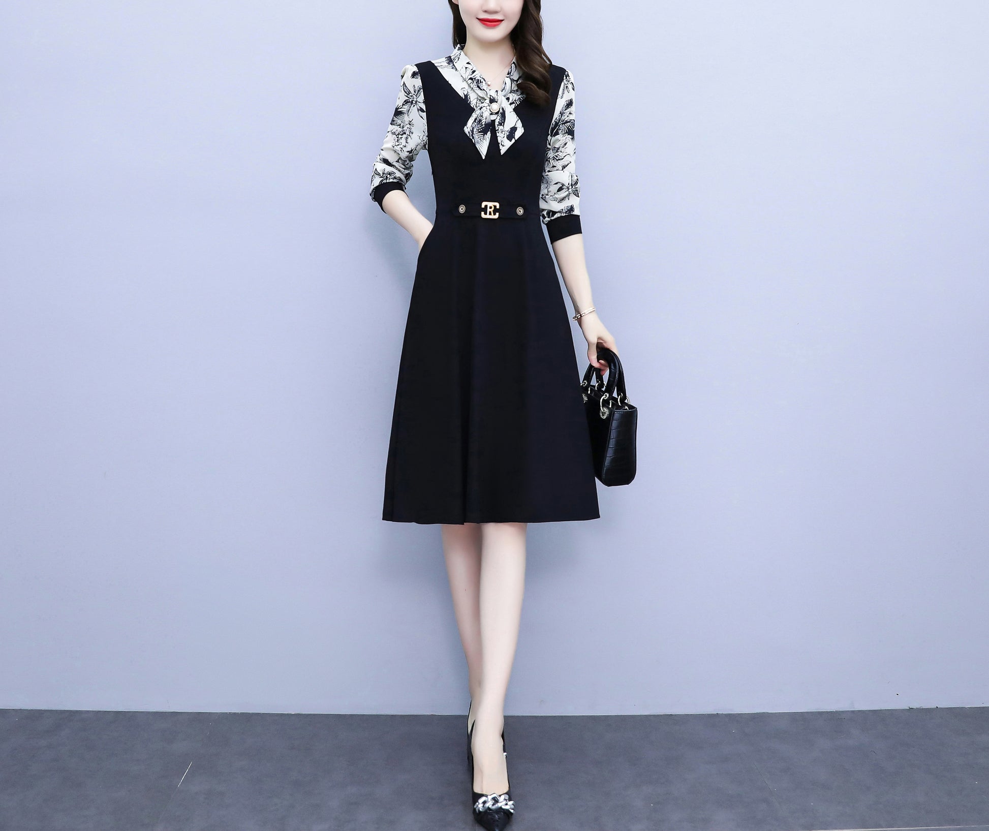 Women's Elegant Tie Neck Long Sleeve Black Dress - LAI MENG FIVE CATS