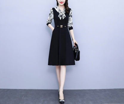 Women's Elegant Tie Neck Long Sleeve Black Dress - LAI MENG FIVE CATS