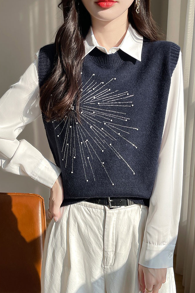 Women's 2 in 1 Round Neck Soft Sweater Top Chic Layering Office Casual