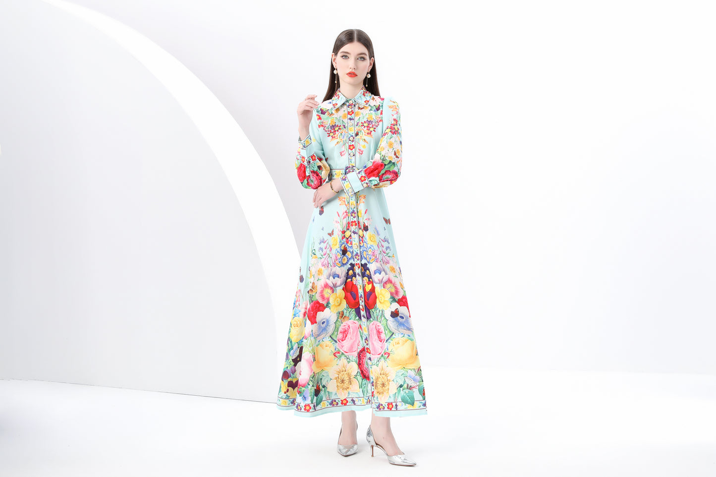 Women's Floral Print  Flowy Button Up Split Maxi Dress