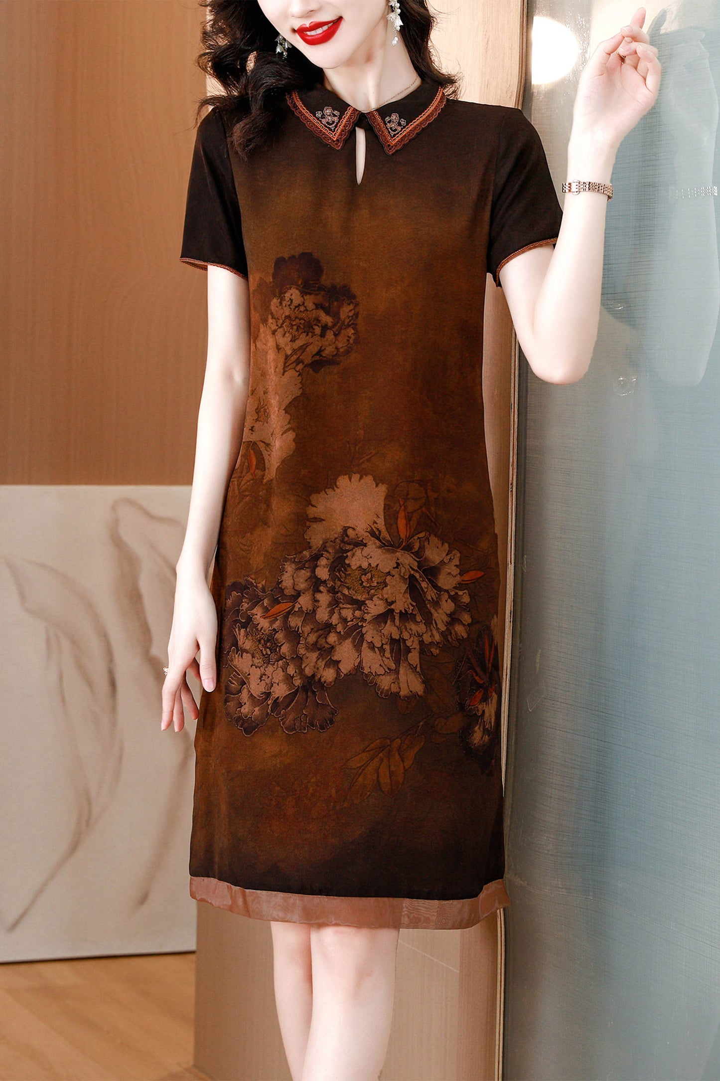 Brown Vintage Floral Cheongsam Short Sleeves Dress