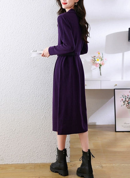 Elegant Lapel V-Neck Knit Midi Dress: Button Decoration & Belted Waist
