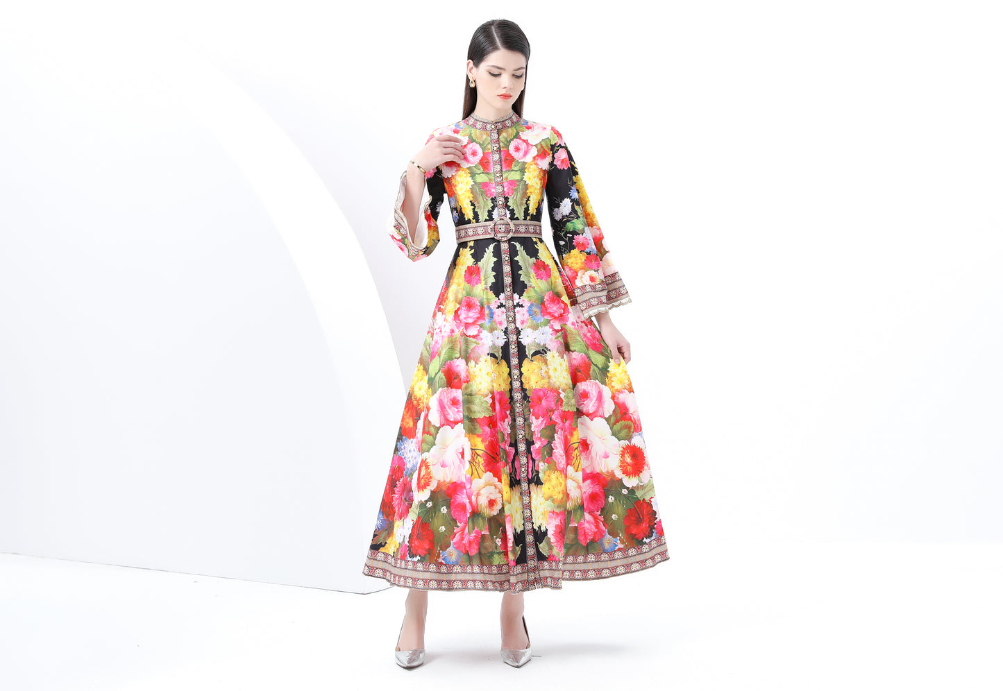 Women's Floral Print Bell Sleeves Maxi Dress