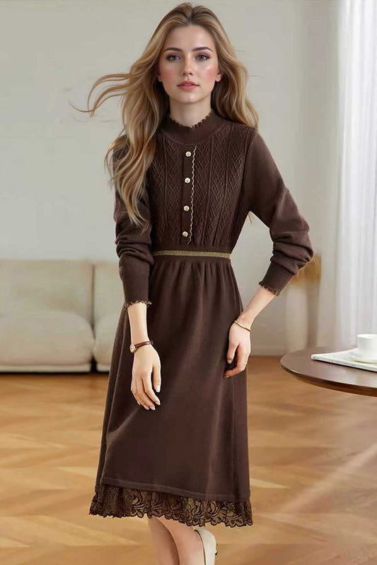 Women's Turtleneck Sweater Knit Lace Trim Midi Dress