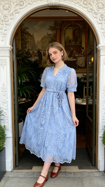 Blue Embroidered Mesh Puff Sleeve Summer Midi Dress - LAI MENG FIVE CATS