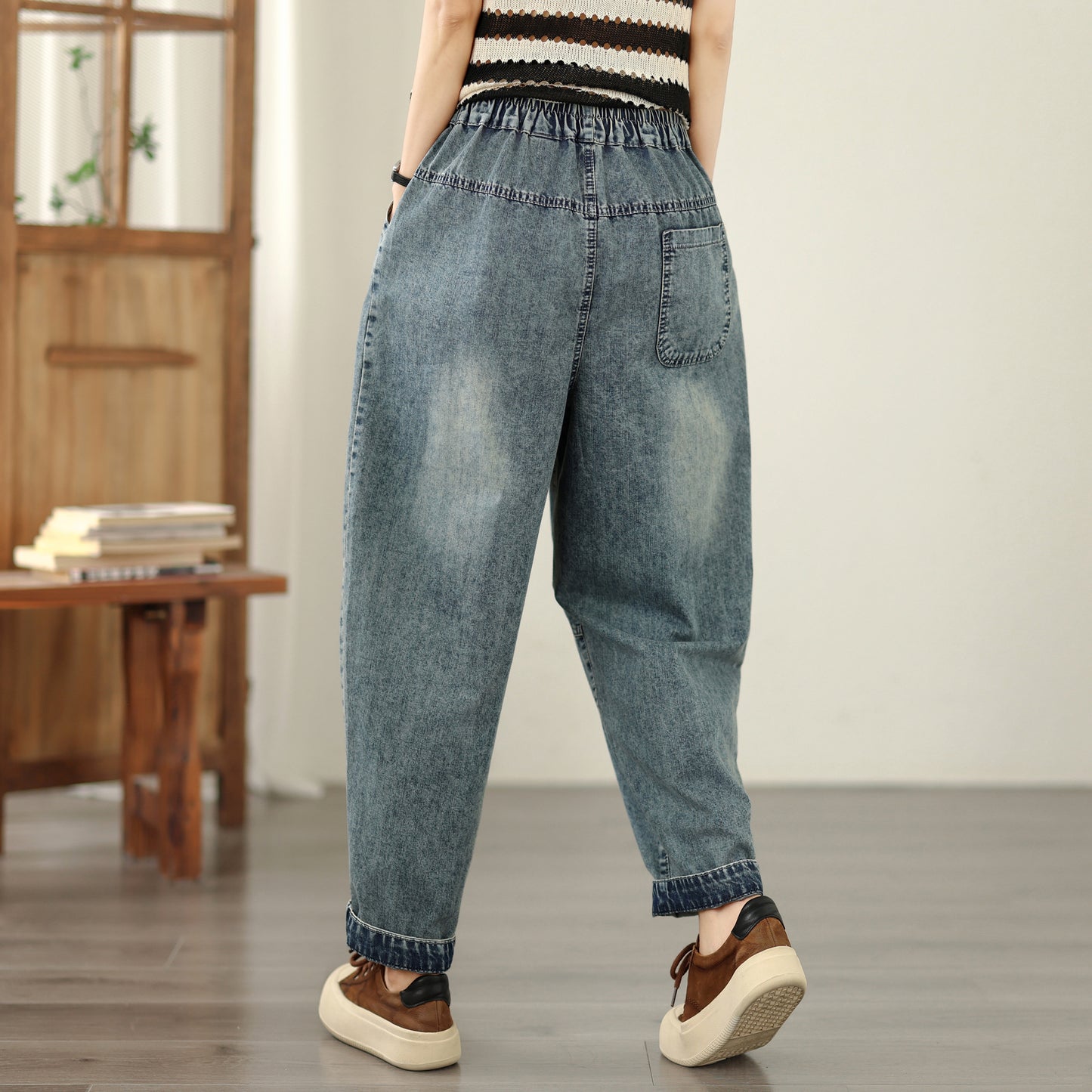 Women's Casual Denim Harem Jeans Elastic Waist Loose Pants - LAI MENG FIVE CATS