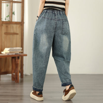 Women's Casual Denim Harem Jeans Elastic Waist Loose Pants - LAI MENG FIVE CATS