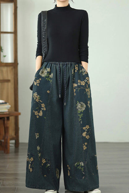 Women's Denim Wide Leg Baggy Jeans Drawstring Pants