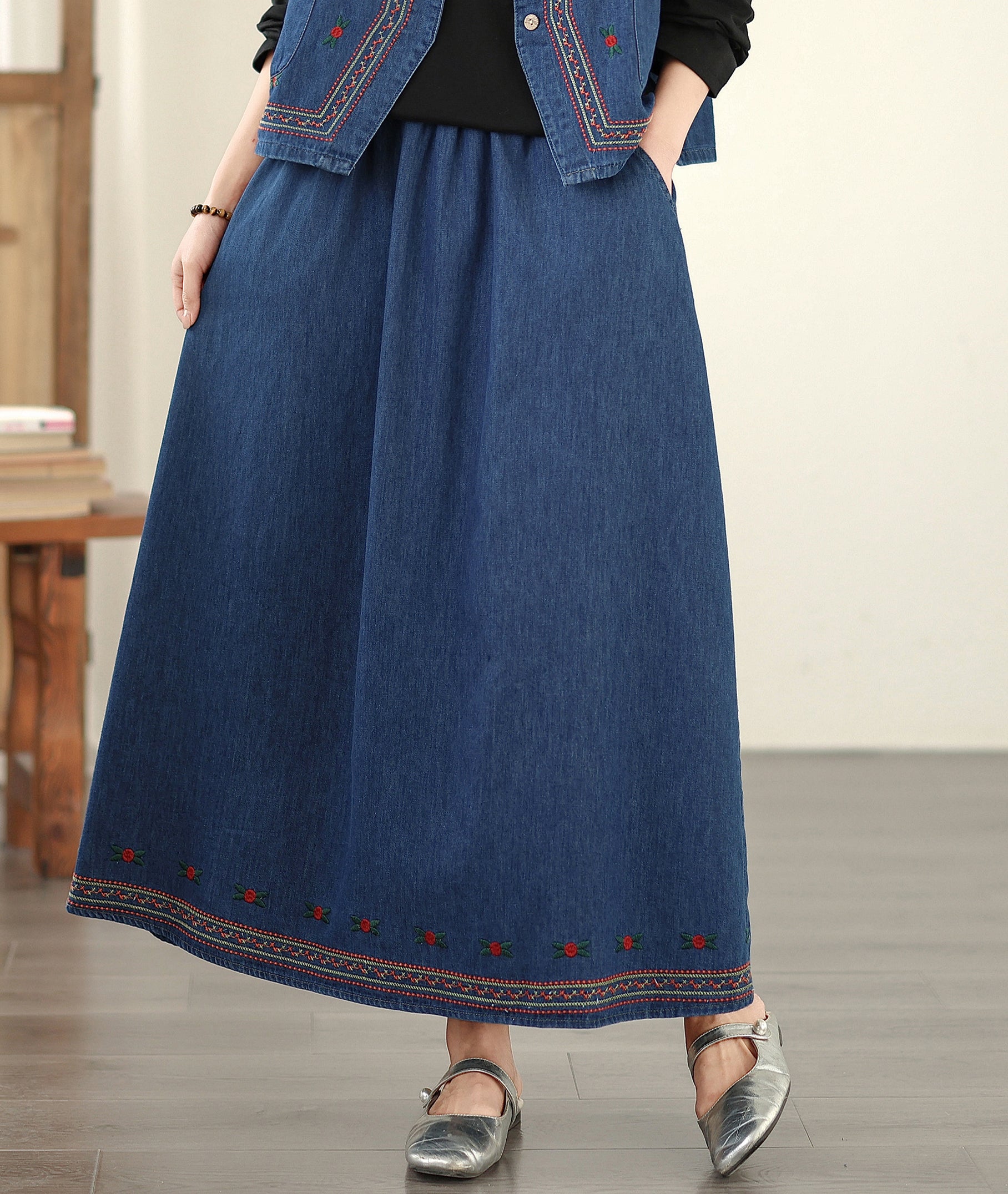 Women's Embroidered Elastic Waist Denim Jean Maxi Skirt Pocket - LAI MENG FIVE CATS