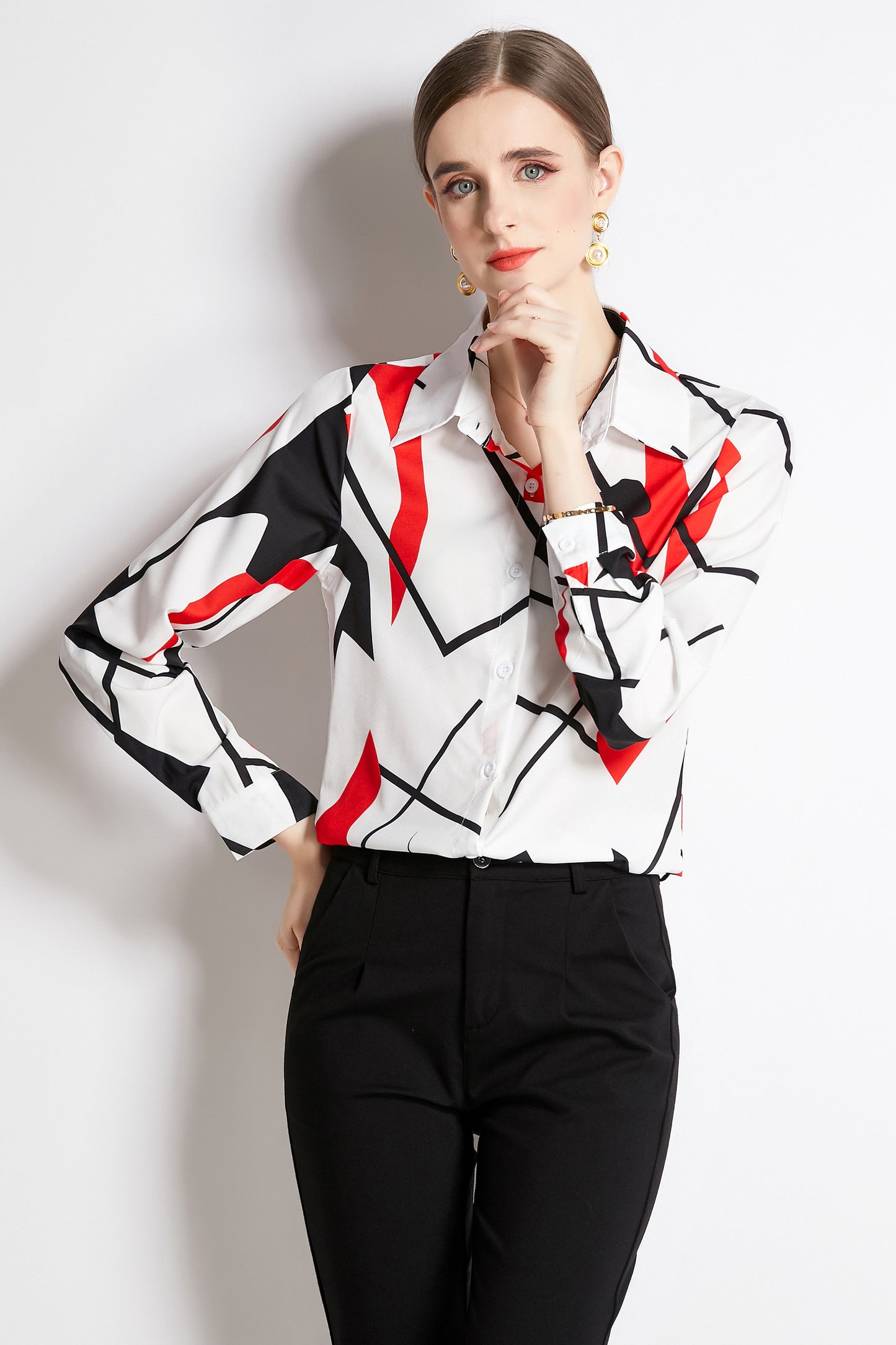 ESY-Women's Long Sleeve Lapel Collar Print Button Blouse