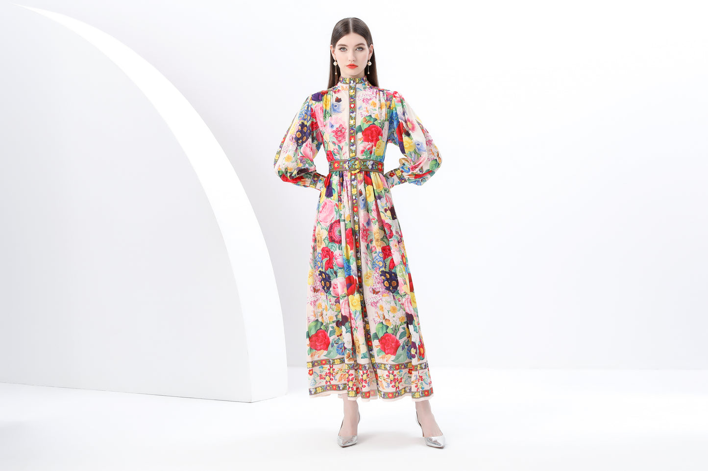 Women's Printed High-neck Puff Sleeves Maxi Dress