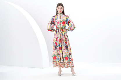 Women's Printed High-neck Puff Sleeves Maxi Dress