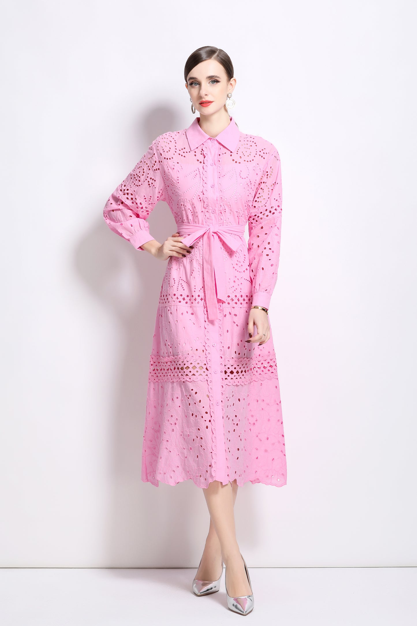 Puff Sleeves Shirt Collar Midi Dress