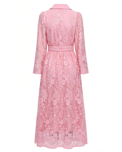 28680-Lace Belted Blazer Dress – Pink & Forest Green | Long Sleeve A-Line Dress