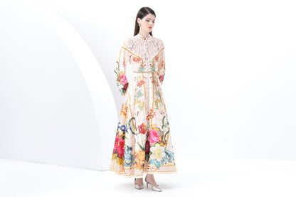 Women's Puff Sleeve Lace Floral Print Maxi Dress