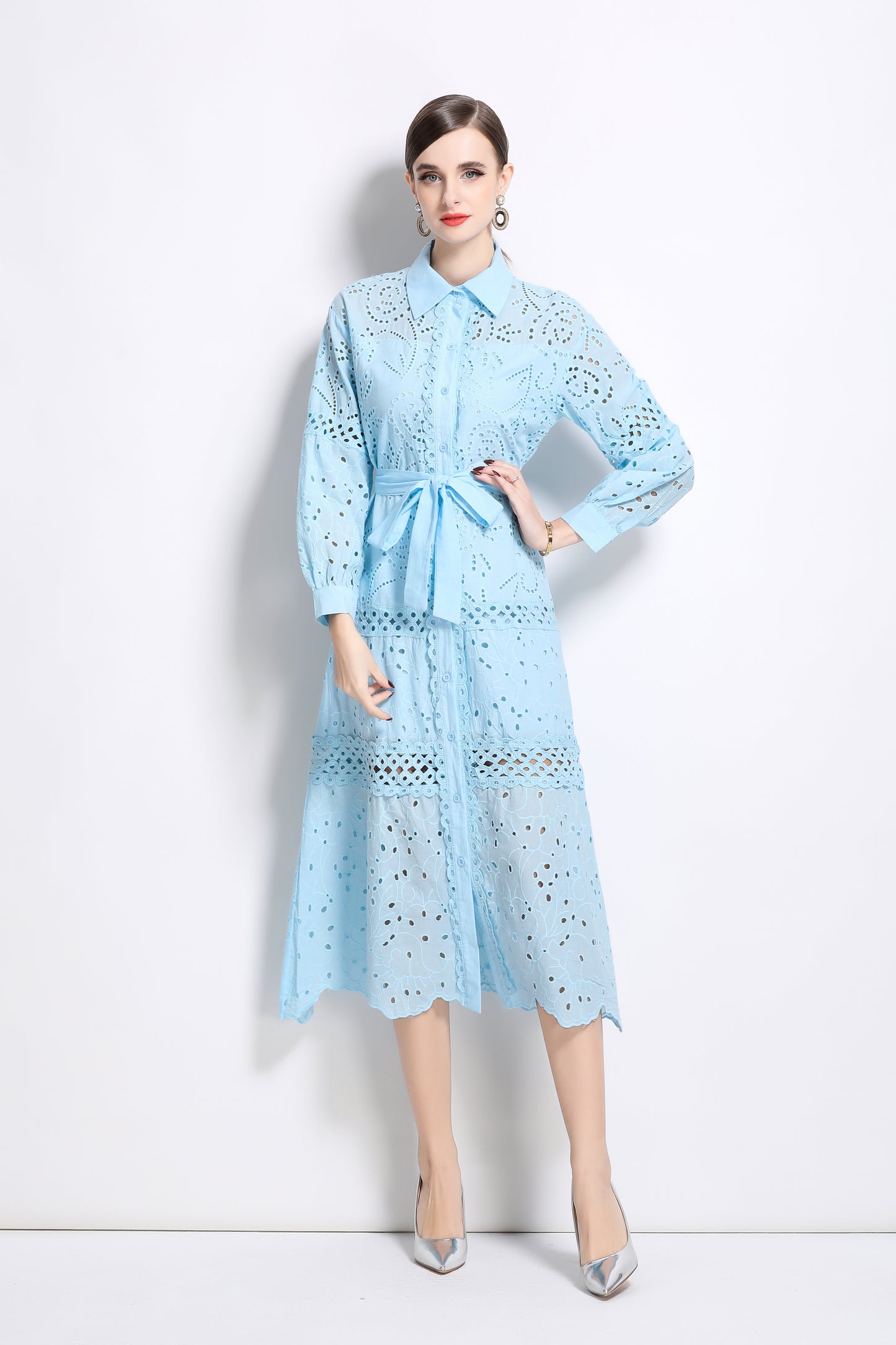 Puff Sleeves Shirt Collar Midi Dress