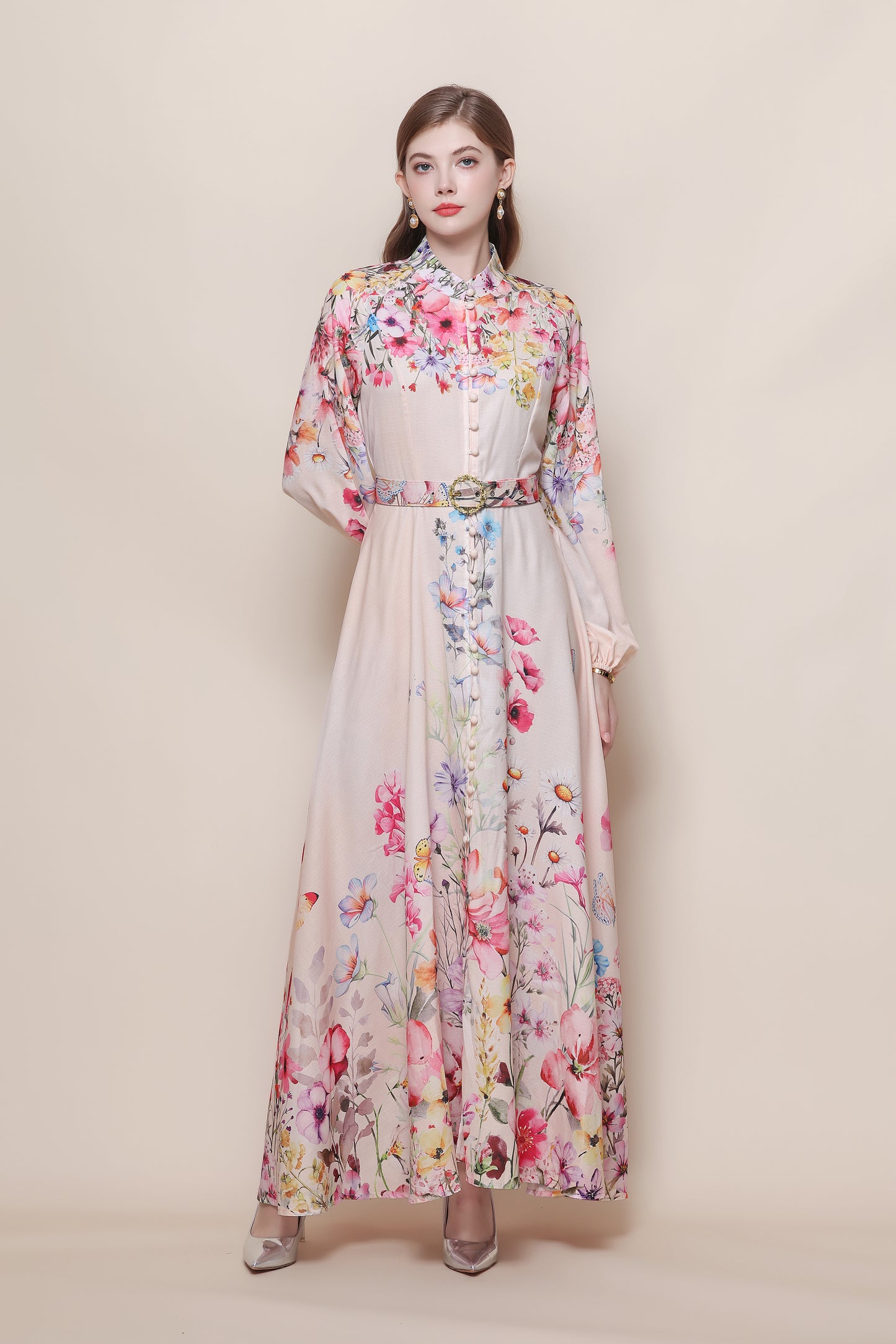 26-Women's Floral Print Puff Sleeve Button Maxi Dress - LAI MENG FIVE CATS