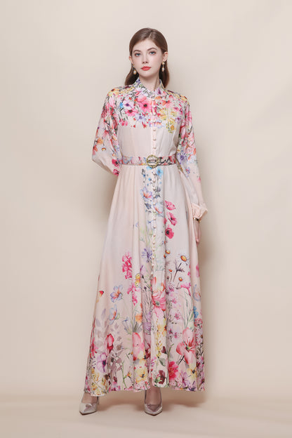 26-Women's Floral Print Puff Sleeve Button Maxi Dress - LAI MENG FIVE CATS