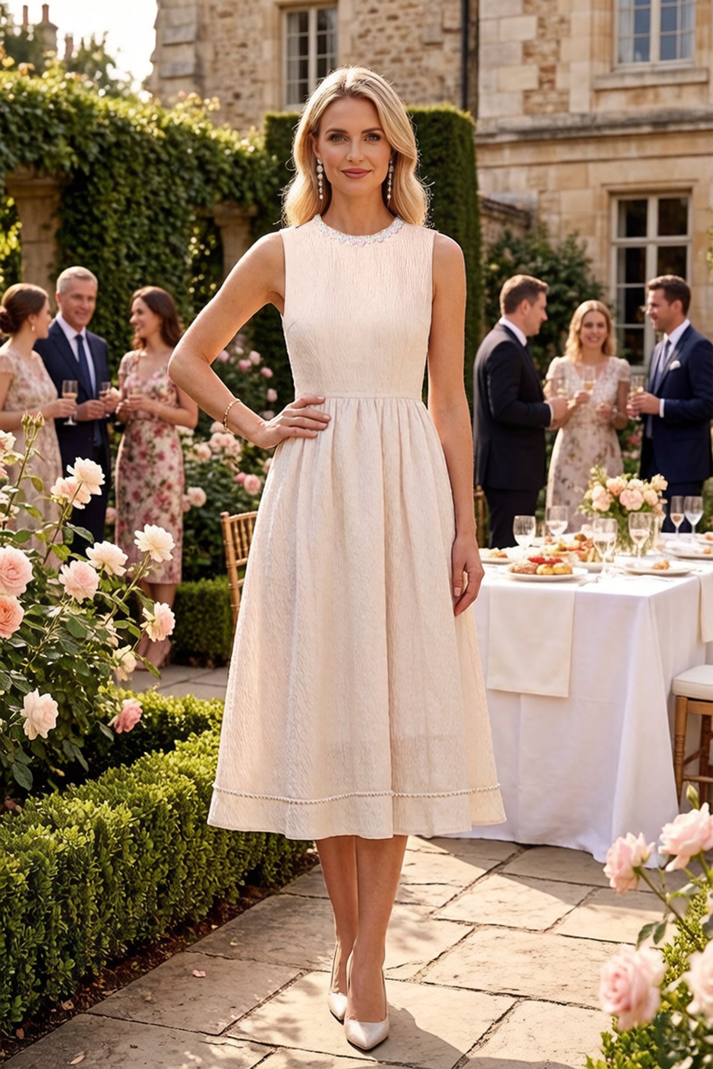 Elegant Pearl Trim A-Line Midi Dress - LAI MENG FIVE CATS