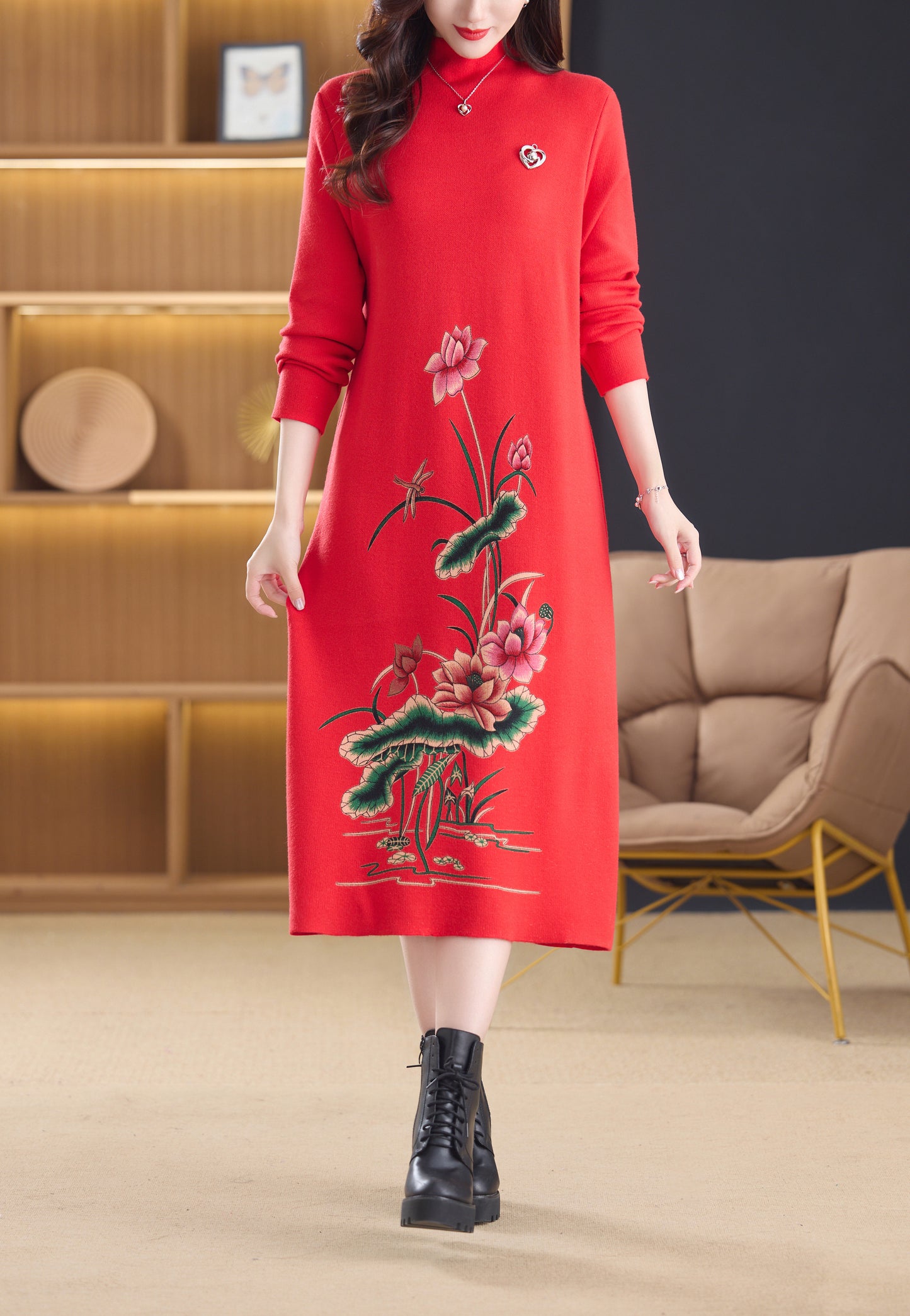 Women's Turtleneck Sweater Long Sleeve Red Dress