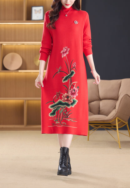 Women's Turtleneck Sweater Long Sleeve Red Dress