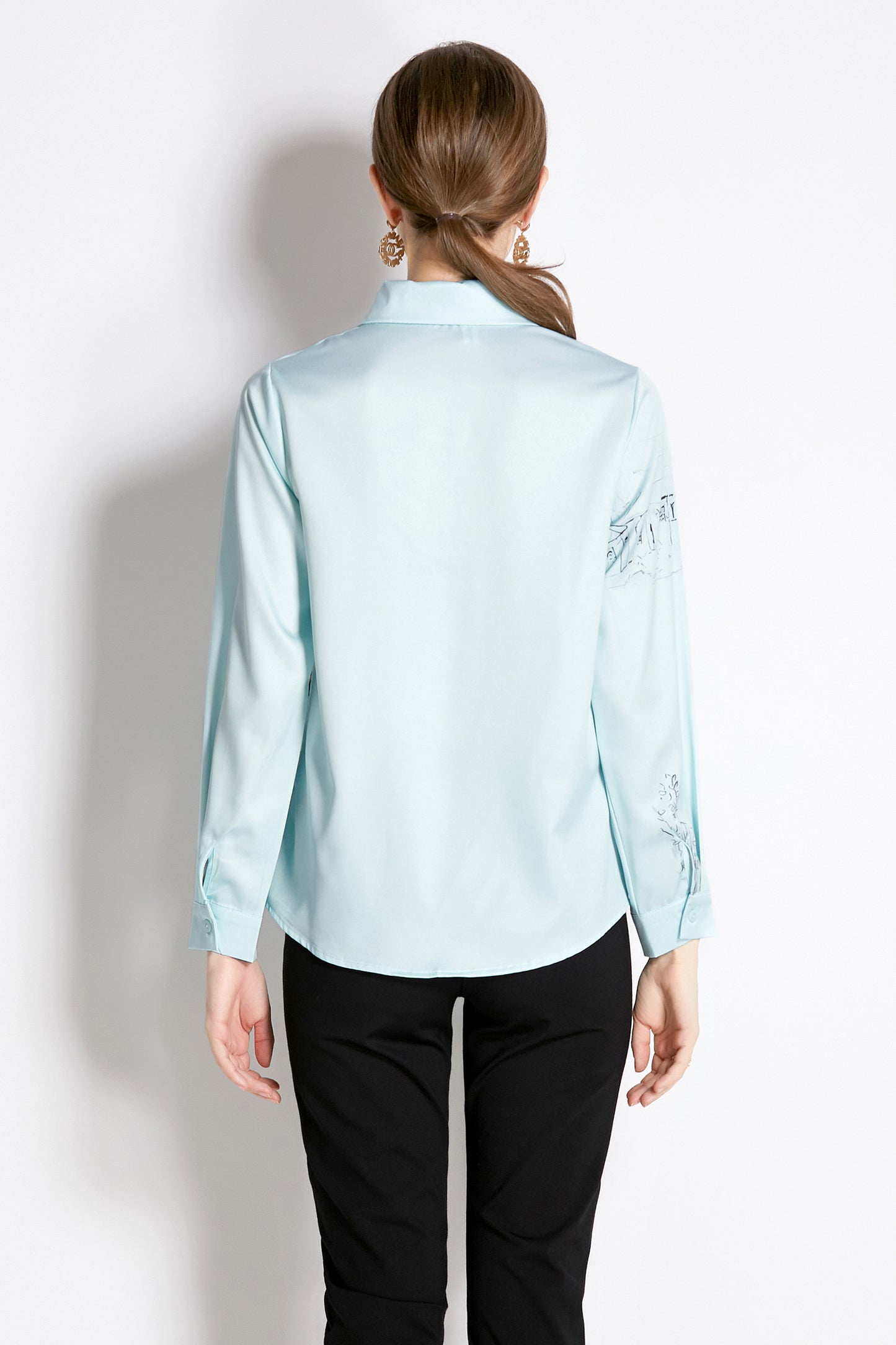 ESY-Women's Long Sleeve Lapel Collar Print Button Blouse