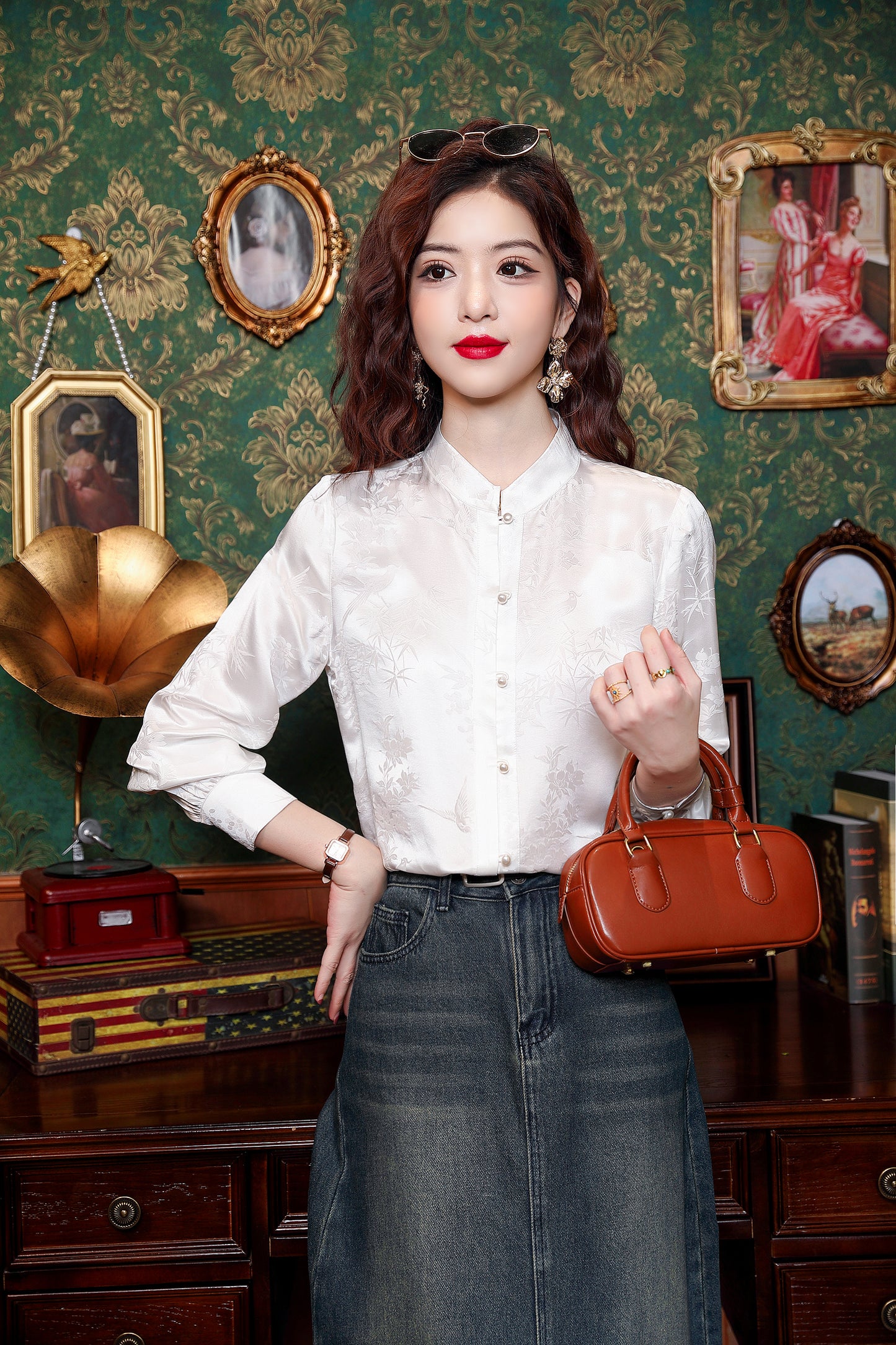 Women's Silk Satin Jacquard Long Sleeve Blouses